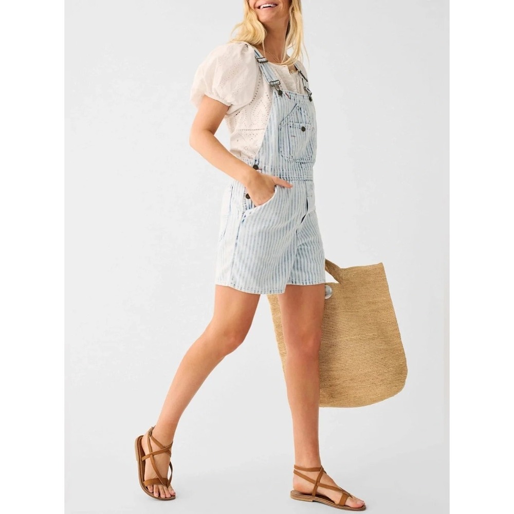 Faherty Women's Short Overalls Bleached Herringbone Denim Cutoff Shortalls Bib S